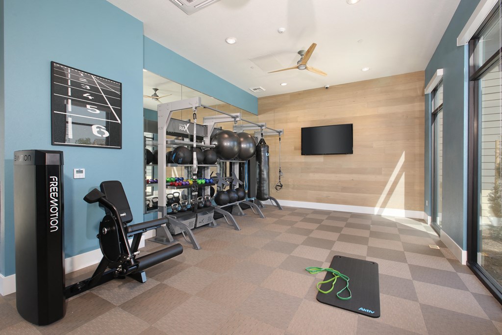 a home gym with exercise equipment and a television