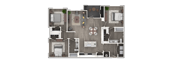 A top-down view of a house layout with various rooms and furniture.