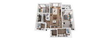 A top-down view of a small apartment with a kitchen, living room, and bedroom.