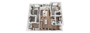 A top-down view of a small apartment with a living room, kitchen, and bedroom.