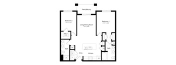 A floor plan of a house with two bedrooms, a living room, a kitchen, two bathrooms, and a patio.