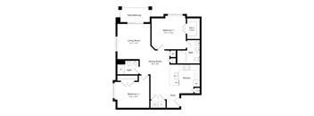 A floor plan of a house with a living room, two bedrooms, a dining room, a kitchen, a bathroom, and a walk-in closet.