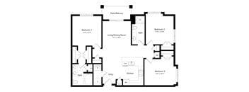 A black and white image of a floor plan for a home with three bedrooms, a living/dining room, kitchen, and bathrooms.