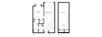 A floor plan of a two level apartment with a living room, bedroom, bathroom and kitchen.