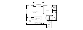 A floor plan of a home with a living/dining room, kitchen, den, and bedrooms.