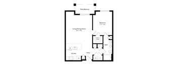 A floor plan of a home with a living room, dining room, kitchen, bathroom, and bedroom.