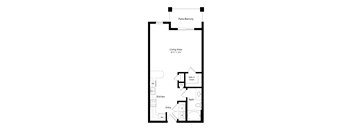 A floor plan of a small apartment with a living area, kitchen, bathroom, and entry.