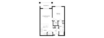 A floor plan of a home with a living room, dining room, kitchen, bathroom, and bedroom.