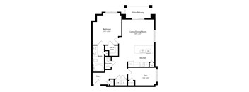 A floor plan of a home with a living area, kitchen, and bathroom.