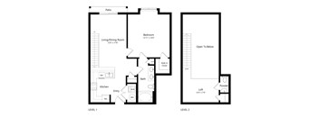 A floor plan of a two level home with a patio and a powder room.