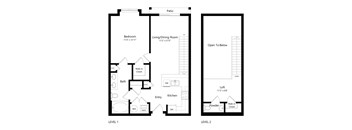 A floor plan of a two level home with a living area, bedrooms, bathrooms, kitchen and laundry.