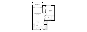 A floor plan of a home with a living room, dining room, kitchen, bathroom, and two bedrooms.