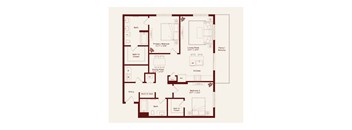 A floor plan of a house with a living room, kitchen, and two bedrooms.
