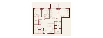 A red and white floor plan of a house with a living room, kitchen, bathroom, and three bedrooms.