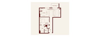 A floor plan of a house with a living room, dining room, kitchen, bathroom, bedroom, and entryway.