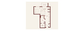 A floor plan of a house with a living area, kitchen, bath, and entry.