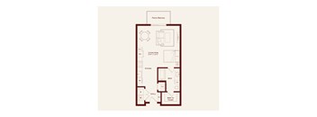 A floor plan of a house with a kitchen, bathroom, and living area.