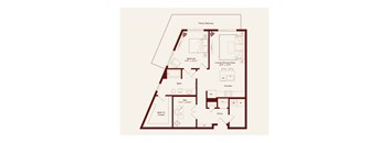 A floor plan of a house with a living room, kitchen, bath, and bedrooms.