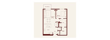A floor plan of a house with a living room, dining room, kitchen, bathroom, and bedrooms.