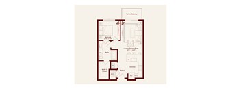 A floor plan of a home with a living/dining room, kitchen, bath, and bedroom.