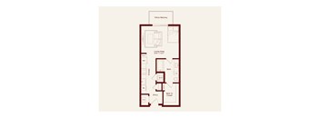 A floor plan of a home with a living area, bathroom, and entry.
