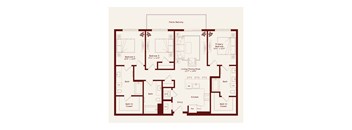 A floor plan of a house with a living room, two bedrooms, a bathroom, and a kitchen.