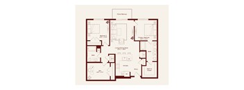 A floor plan of a house with a living room, kitchen, and two bedrooms.