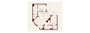 A floor plan of a house with a living room, two bedrooms, a kitchen, and a bathroom.