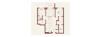A floor plan of a house with a living room, two bedrooms, a bathroom, a kitchen, and a patio/alcove.