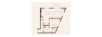 A floor plan of a house with a kitchen, living room, and bathroom.