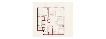 A floor plan of a house with a kitchen, living room, and bathrooms.