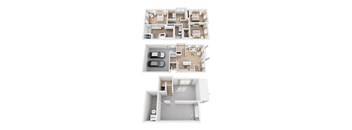 A floor plan of a three-bedroom apartment with a garage.