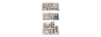 Three floor plans of a house with a garage on the bottom floor.