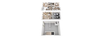 A top-down view of a two-story apartment with a living room, kitchen, and bedrooms.