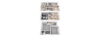 A 3D floor plan of a house with a garage and a separate entrance.