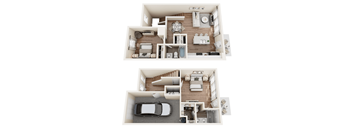 A top and bottom floor plan of a house with a car parked in the garage.