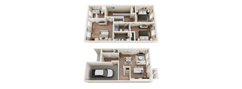 A top and bottom floor plan of a house with a car parked in the garage.