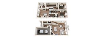 A white model of a two-story house with a car parked in the garage.