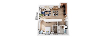 A top down view of a modern bedroom with a bed, a couch, a rug, a potted plant, and a shelf with a bottle of wine.