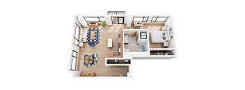 A top-down view of a well-organized apartment with a kitchen, living room, dining area, and bathroom.