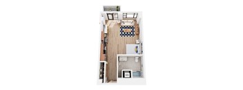 A small apartment with a kitchen, living room, and bathroom.