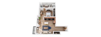 A top down view of a living room with a couch, coffee table, and kitchen area.