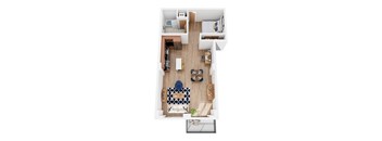 A top down view of a small apartment with a kitchen, living room, and bathroom.
