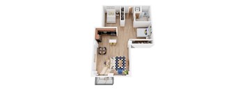 A top down view of a small apartment with a kitchen, living room, and bathroom.