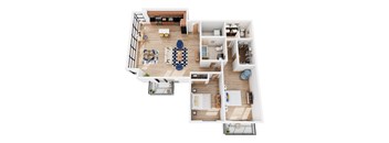 A top down view of a modern apartment with a kitchen, living room, dining area, and bedrooms.