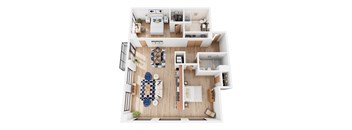 A top down view of a modern apartment with a living room, dining area, kitchen, and bedrooms.
