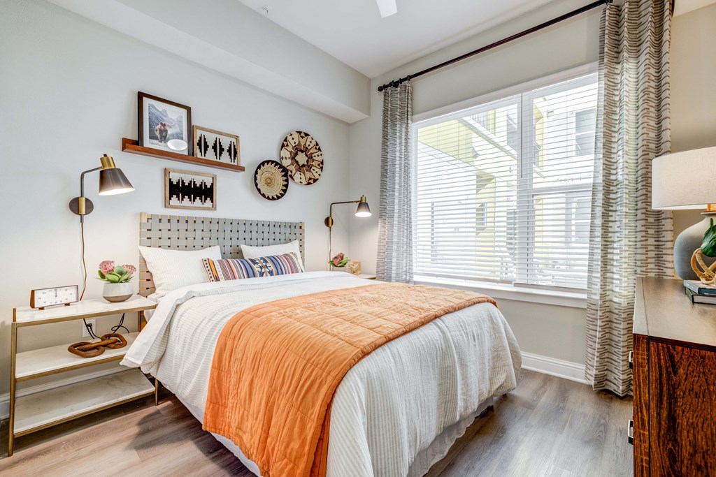 Vinyl floor bedroom with large window