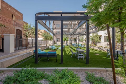 a rendering of a patio with tables and chairs