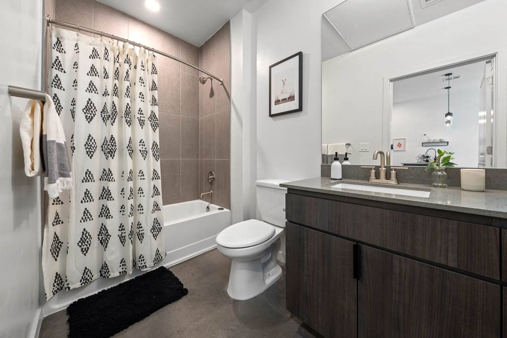 a bathroom with a shower toilet and sink