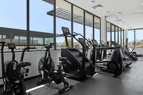 a gym with row of exercise bikes in front of a window
